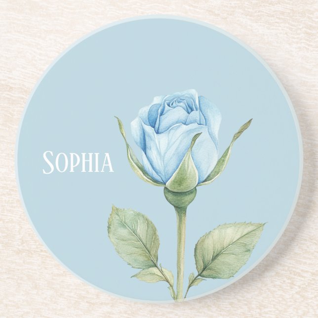 Pretty Light Blue Rose Flower Coaster (Front)