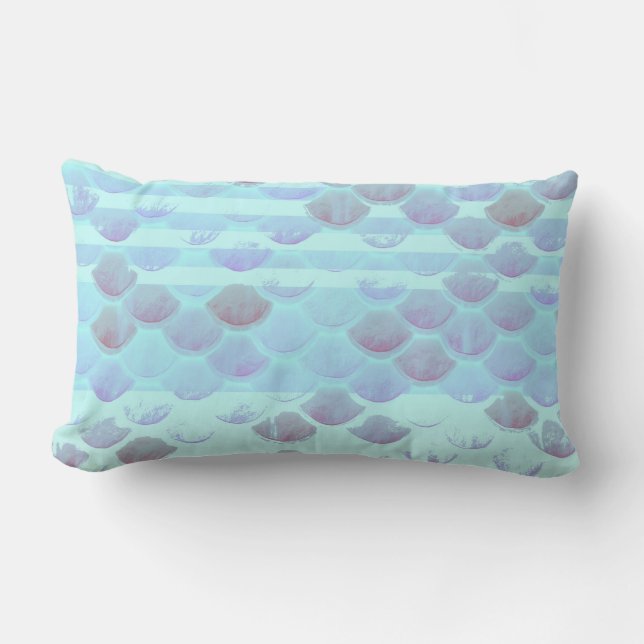 Pretty Light Blue Striped Mermaid Fish Scales Lumbar Cushion (Front)