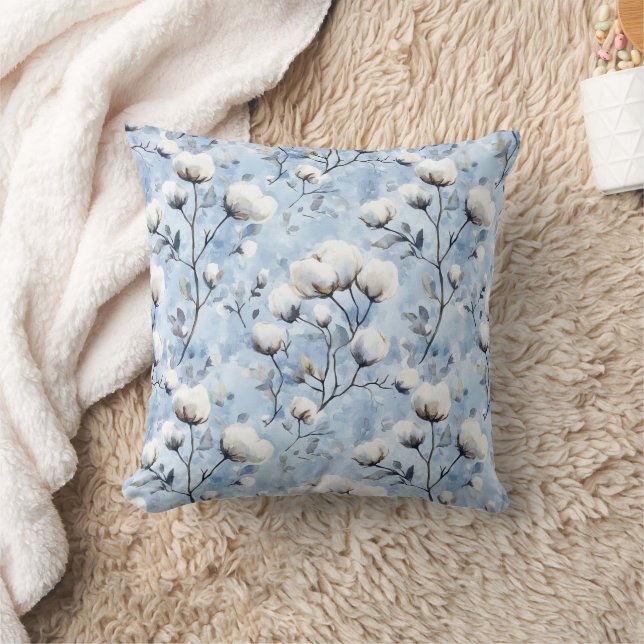 Pretty Light Blue White Floral Cushion (Blanket)