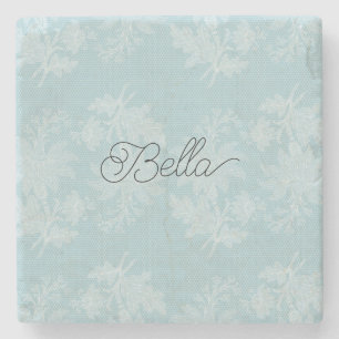 Pretty Light Blue White Floral Faux Lace Stone Coaster