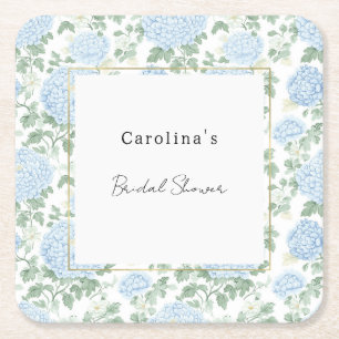 Pretty Light Blue White Flowers Bridal Shower Square Paper Coaster