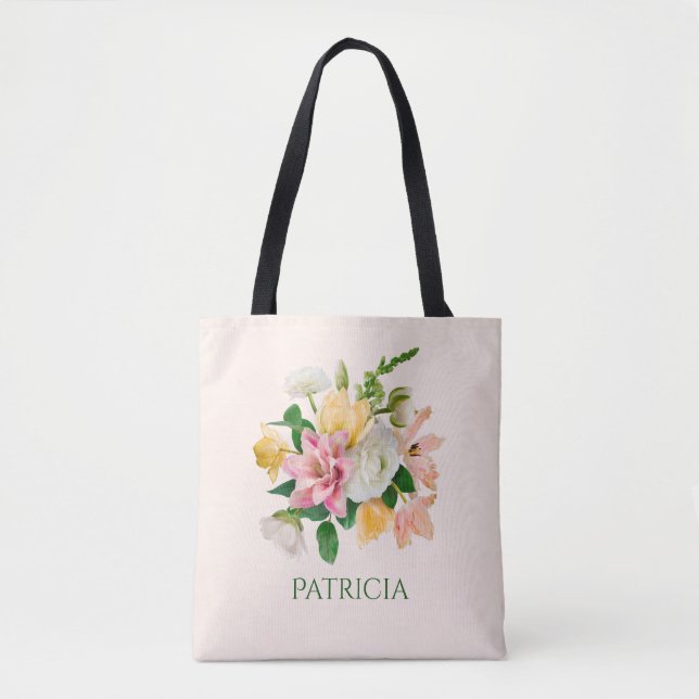 Pretty LIght Peach Spring Floral Personalised Tote Bag (Front)