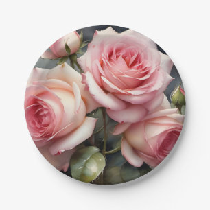 Pretty light pink roses garden watercolor painting paper plate