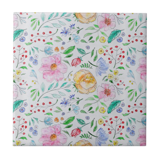 Pretty Light Watercolor Flowers and Buds Pattern Ceramic Tile (Front)