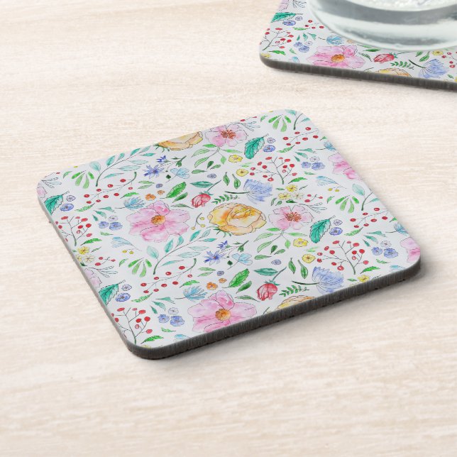 Pretty Light Watercolor Flowers and Buds Pattern Coaster (Left Side)