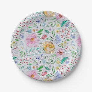 Pretty Light Watercolor Flowers and Buds Pattern Paper Plate