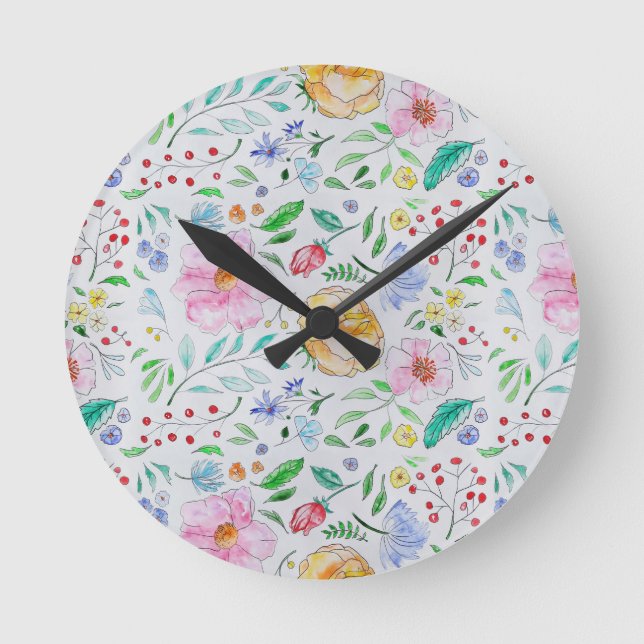 Pretty Light Watercolor Flowers and Buds Pattern Round Clock (Front)