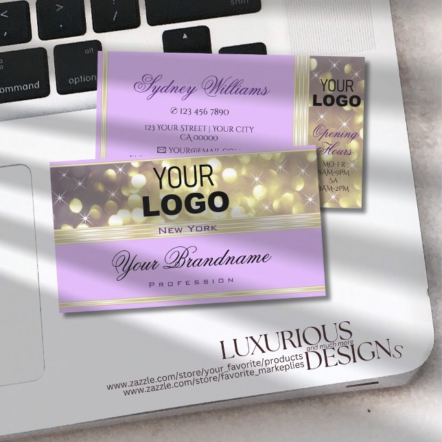 Pretty Lilac Purple Gold Glitter Stars with Logo Business Card (Creator Uploaded)
