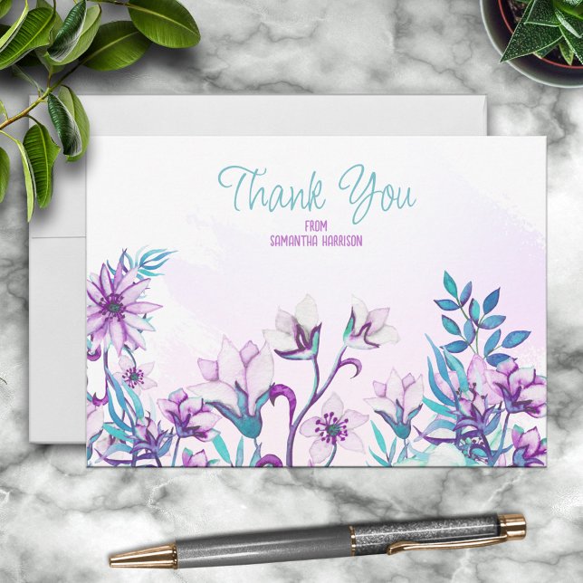 Pretty Lilac/Teal Watercolor Floral Personalised Card (Creator Uploaded)