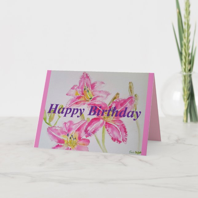 Pretty Lily In Pink Birthday Card Watercolour (Front)