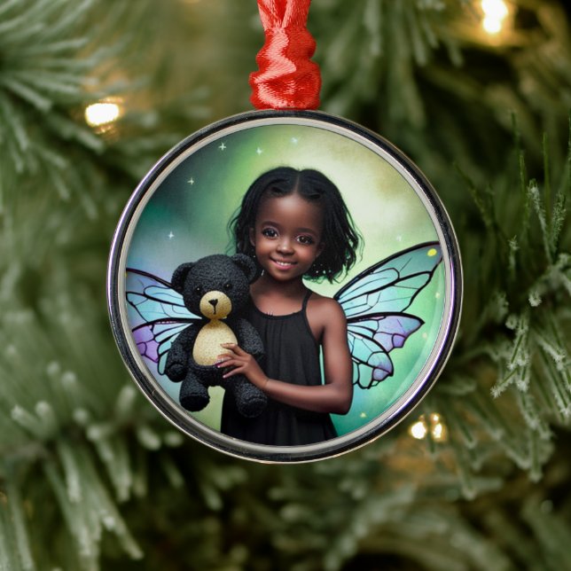 Pretty Little Fairy Girl with Teddy Bear Metal Ornament (Tree)
