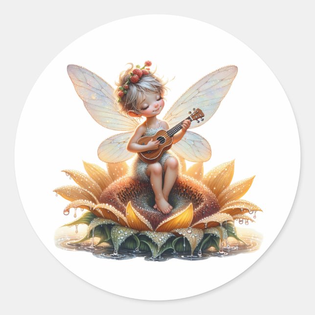 Pretty Little Fairy on Sunflower with Ukulele Classic Round Sticker (Front)