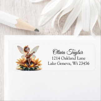Pretty Little Fairy on Sunflower with Ukulele Return Address Label