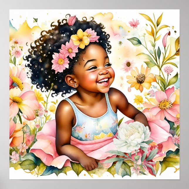 Pretty Little Girl in Pink Flowers Watercolor Art Poster (Front)