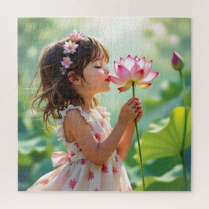 Pretty Little Girl Smelling a Pink Rose Jigsaw Puzzle