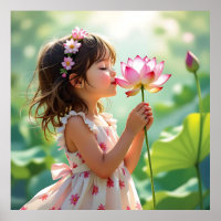 Pretty Little Girl Smelling a Pink Rose