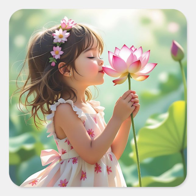 Pretty Little Girl Smelling a Pink Rose Square Sticker (Front)