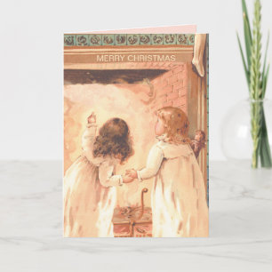 Pretty Little Girls Await Santa Vintage Christmas Card