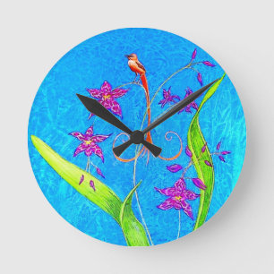 Pretty Little Orchid Bird Round Clock
