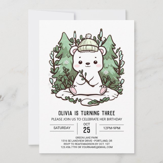 Pretty Little Polar Bear Digital Birthday Invitation (Front)