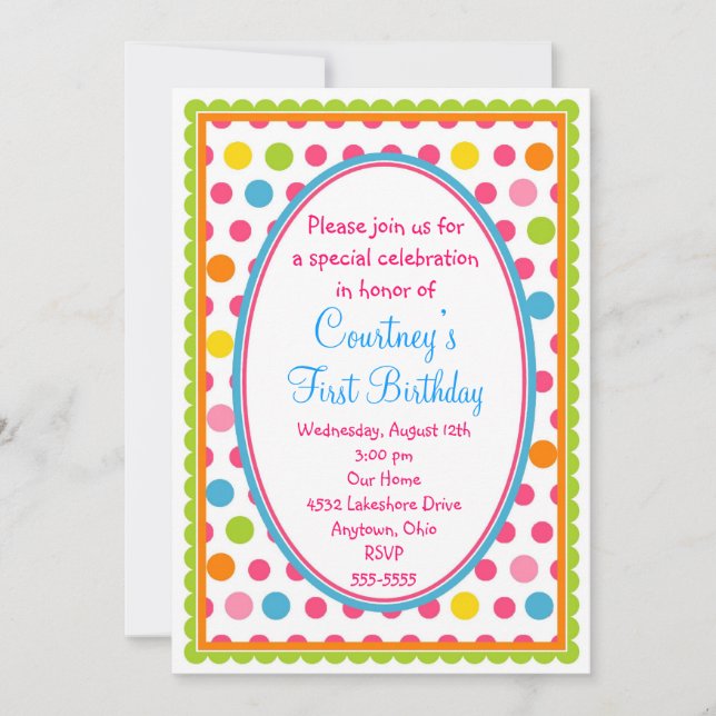 Pretty Little Polka Dots 1st Birthday Invitations (Front)