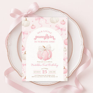Pretty Little Pumpkin Pink Bow Girl Birthday Invitation