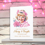 Pretty Little Vintage Girl | Pink Christmas Holiday Card<br><div class="desc">Pretty pink and white personalised Christmas card with a vintage little girl smiling with ribbons and flowers Victorian old-fashioned style Christmas.</div>