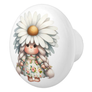 Pretty Little White Daisy Girl Gnome Ceramic Knob