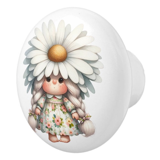 Pretty Little White Daisy Girl Gnome Ceramic Knob (Right)