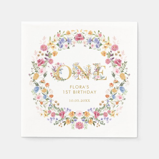 Pretty Little Wildflower Girl 1st Birthday Party Napkin (Front)
