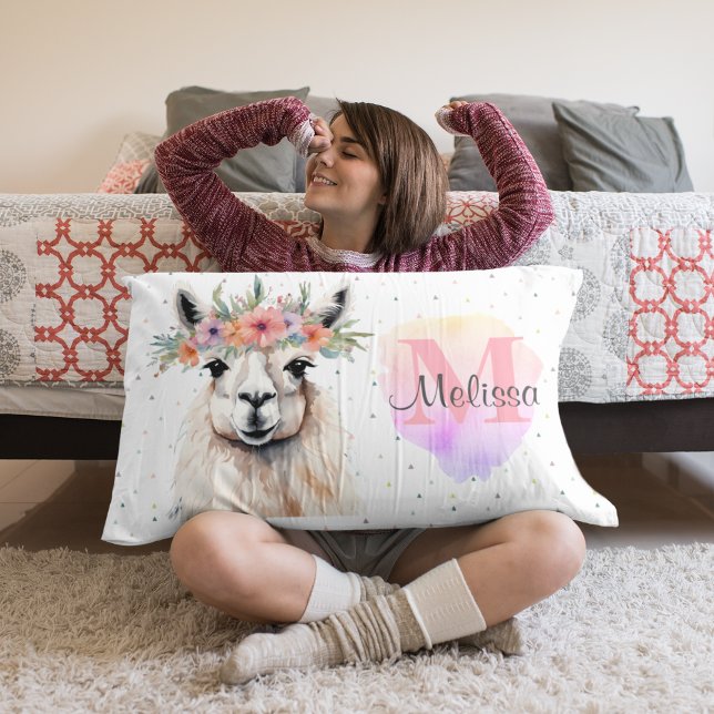 Pretty Llama Animal Cute Wildflower Pink Monogram Pillowcase (Cute Kid's bedroom Llama Farm Animal Alpaca Wildflower Monogram sweet pink.)
