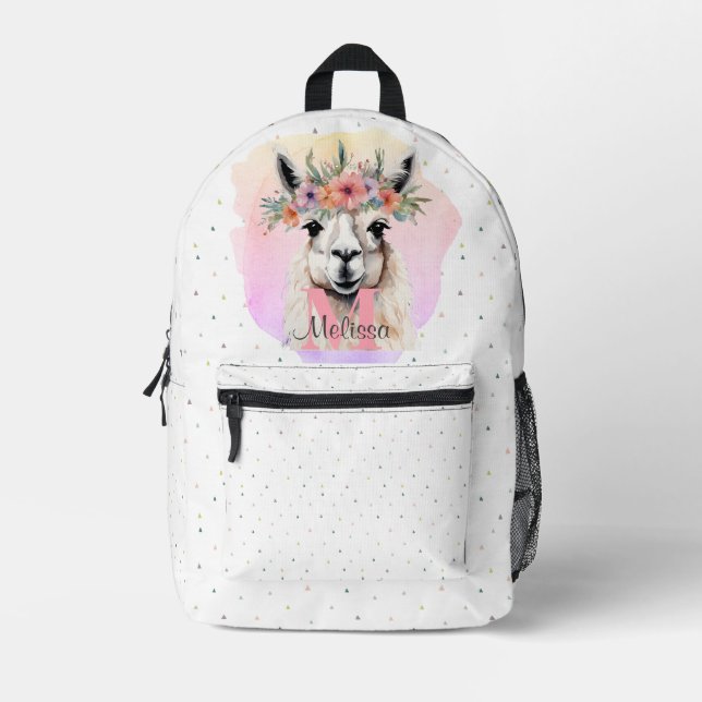 Pretty Llama Animal Pink Wildflower Monogram  Printed Backpack (Front)