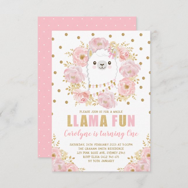 Pretty Llama / Pink Gold Floral Alpaca Birthday Invitation (Front/Back)