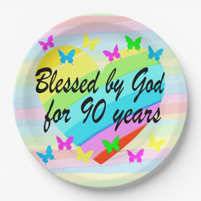 PRETTY LOVE HEART 90TH BIRTHDAY PAPER PLATES (Front)