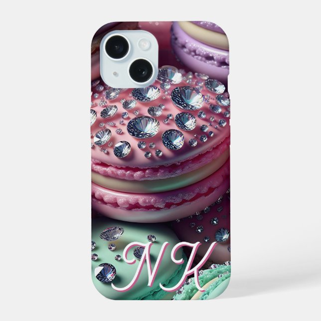 Pretty Macaron Bling Monogrammed iPhone 15 Case (Back)