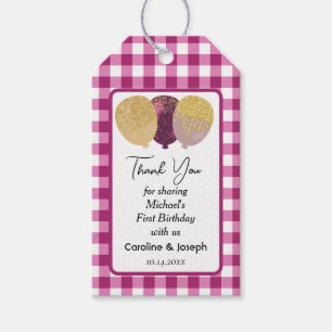 Pretty Magenta Gingham, Glitter Balloons Birthday Gift Tags