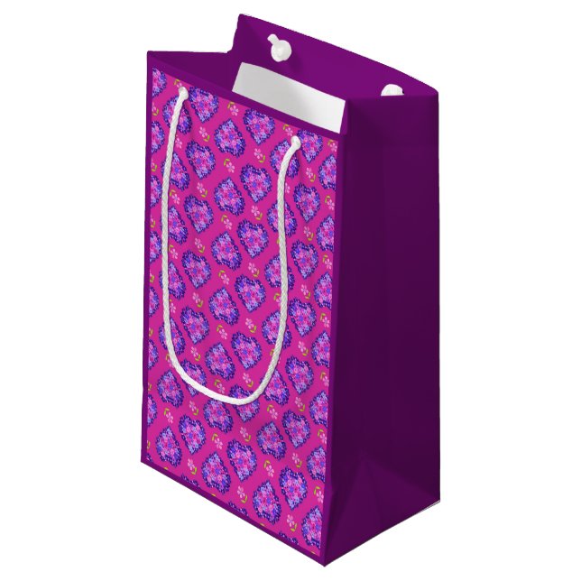 Pretty Magenta Hearts and Flowers Small Gift Bag (Front Angled)
