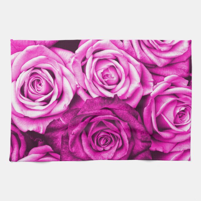 Pretty Magenta Pink Roses Flower Bouquet Tea Towel (Horizontal)
