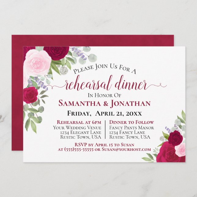 Pretty Magenta Pink Roses Wedding Rehearsal Dinner Invitation (Front/Back)