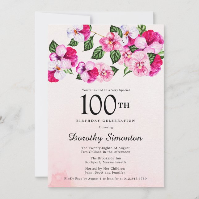 Pretty Magenta Pink White Floral 100th Birthday Invitation (Front)