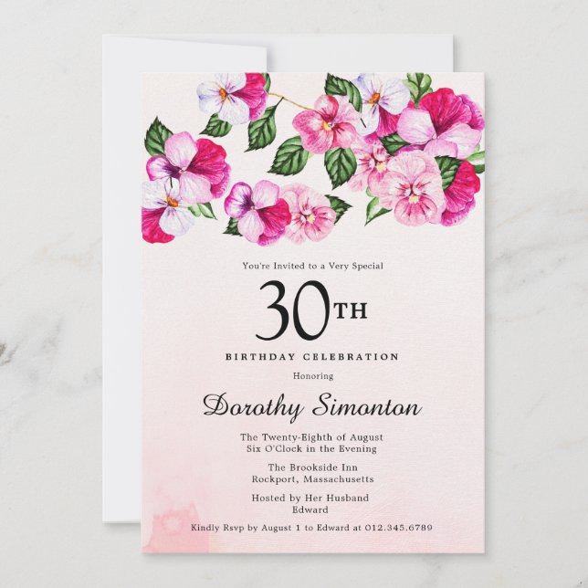 Pretty Magenta Pink White Floral 30th Birthday Invitation (Front)