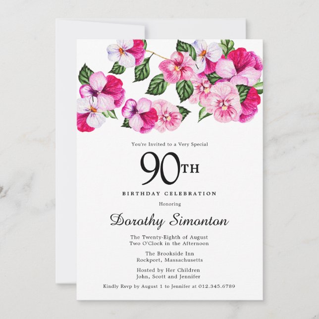 Pretty Magenta Pink White Floral 90th Birthday Invitation (Front)