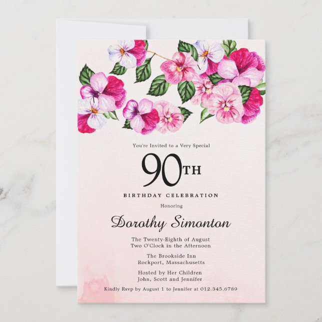 Pretty Magenta Pink White Floral 90th Birthday Invitation (Front)
