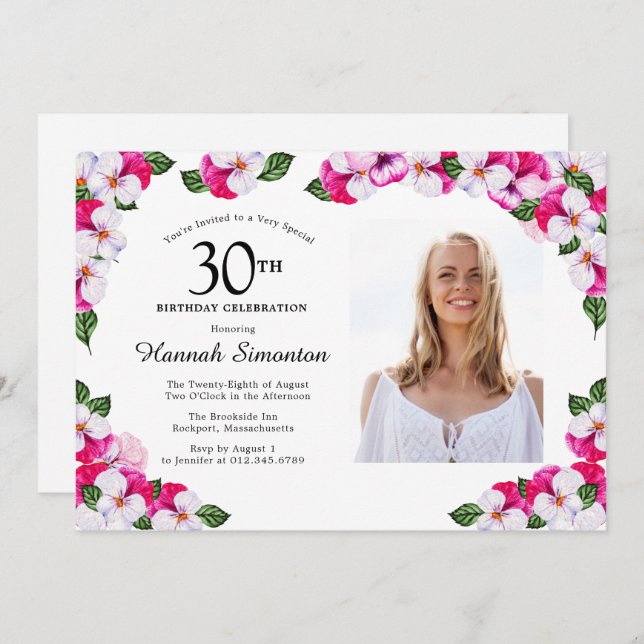 Pretty Magenta Pink White Photo 30th Birthday Invitation (Front/Back)