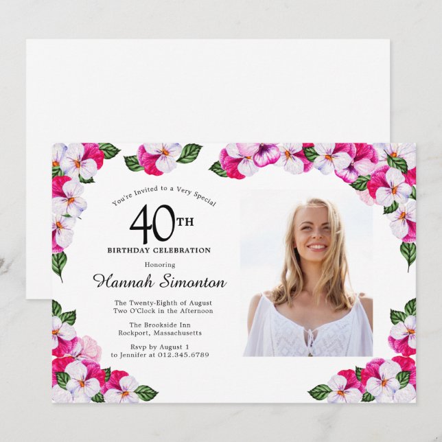 Pretty Magenta Pink White Photo 40th Birthday Invitation (Front/Back)