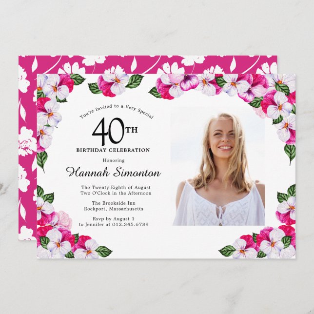 Pretty Magenta Pink White Photo 40th Birthday Invitation (Front/Back)