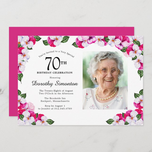 Pretty Magenta Pink White Photo 70th Birthday Invitation (Front/Back)