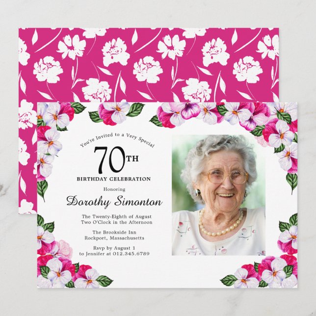 Pretty Magenta Pink White Photo 70th Birthday Invitation (Front/Back)
