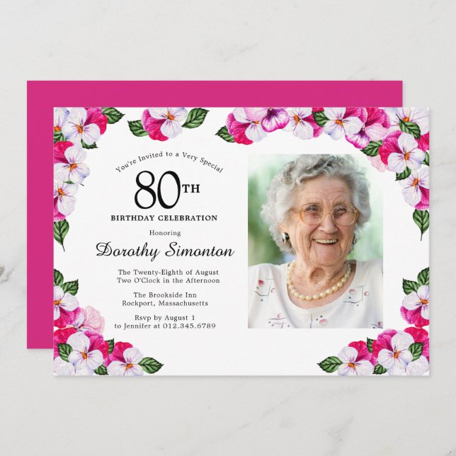 Pretty Magenta Pink White Photo 80th Birthday Invitation (Front/Back)