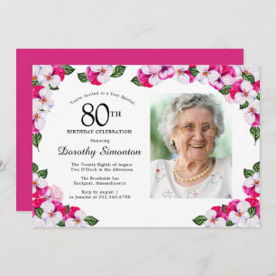 Pretty Magenta Pink White Photo 80th Birthday Invitation